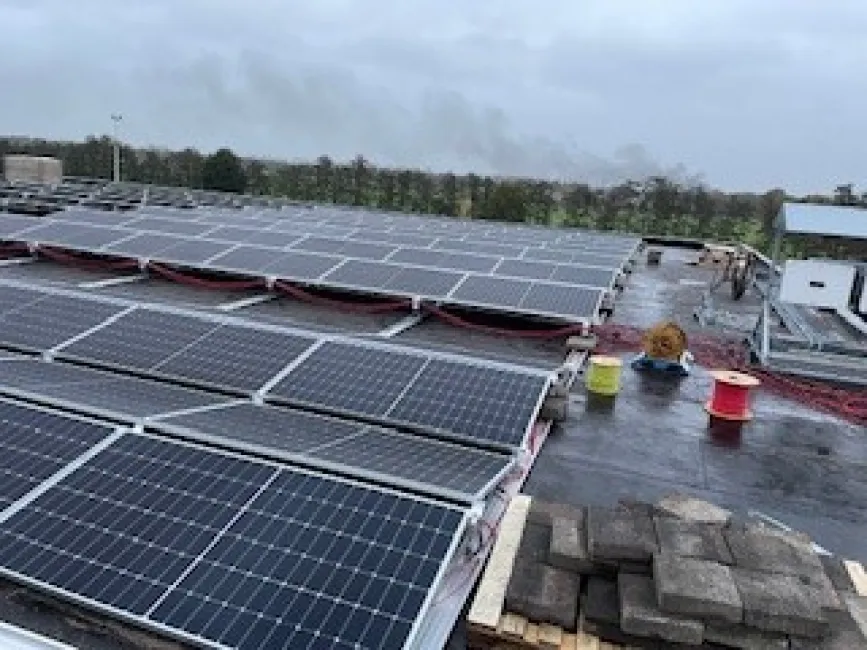 Rijen zonnepanelen op een plat dak in Vinkel